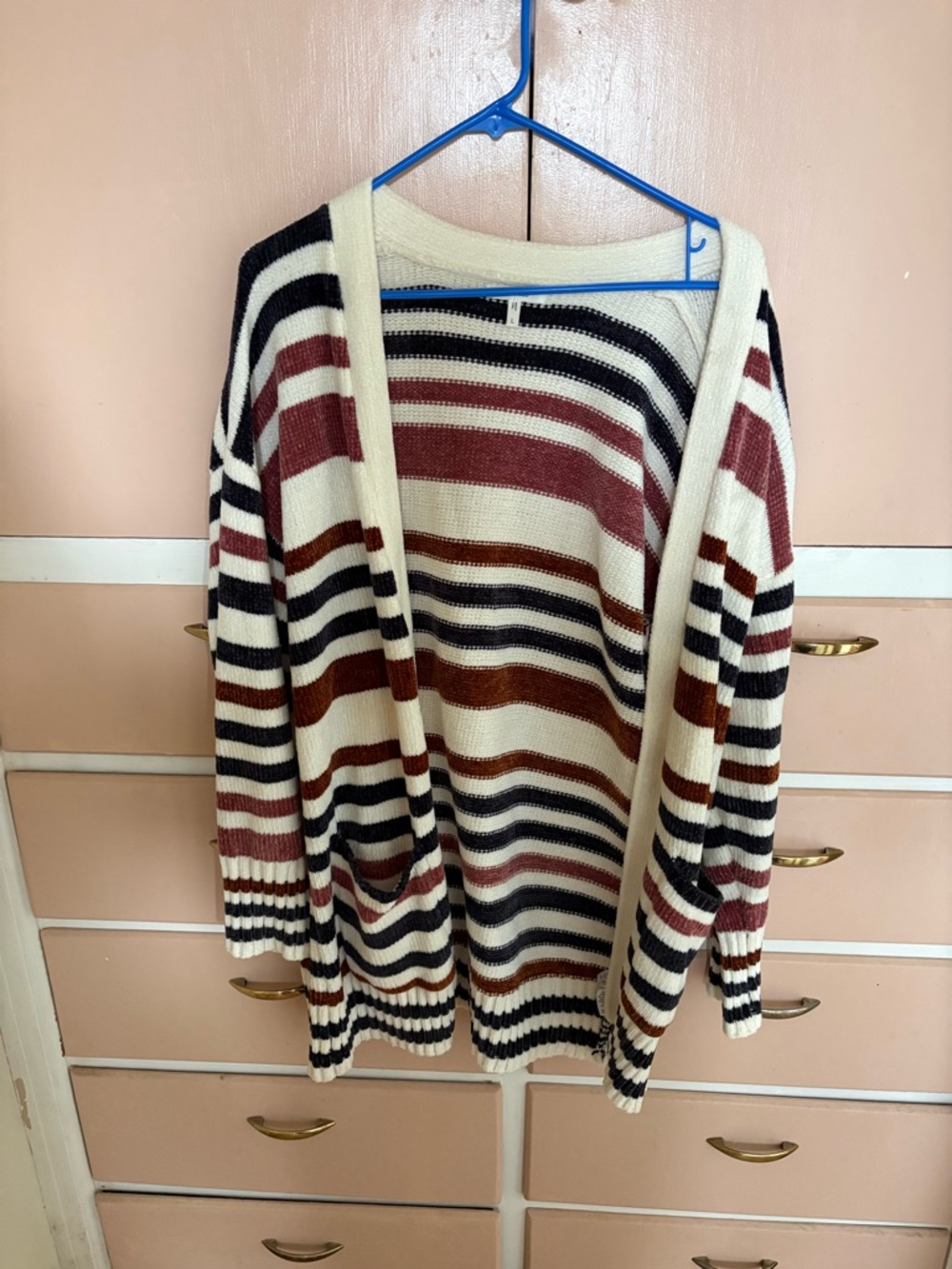 Maurices Striped Open Cardigan in Cream, Burgundy & Black